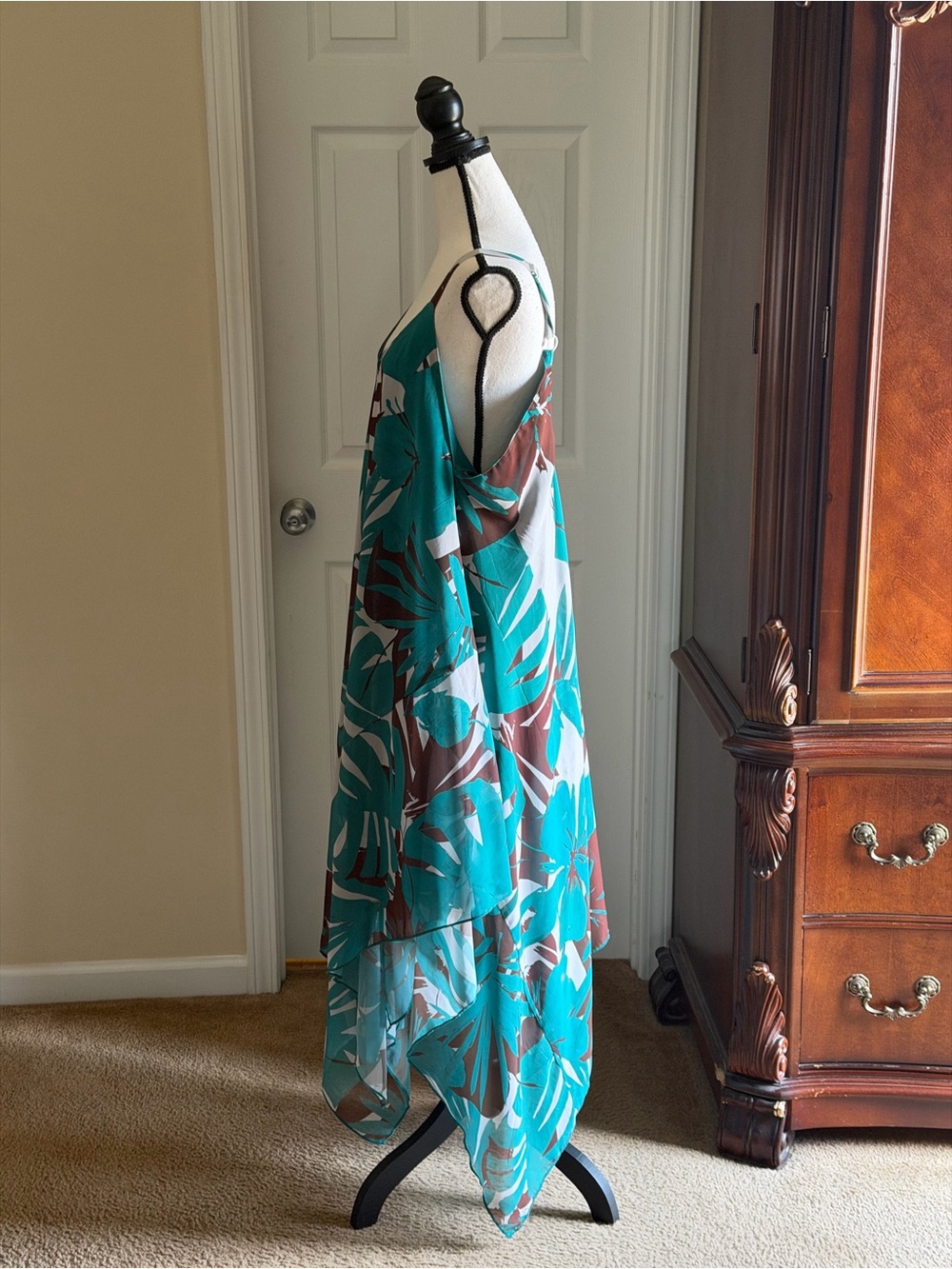 Flowy Teal Tropical Print Handkerchief Hem Dress - Picture 4 of 14